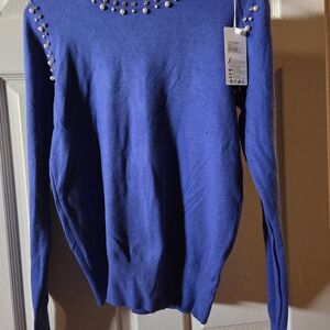 Women's Blue Sweater with Pearl Accents